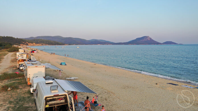 Motorhome parked at authorized campsite in Sithonia, Greece, under new camping regulations Law 5170_2025
