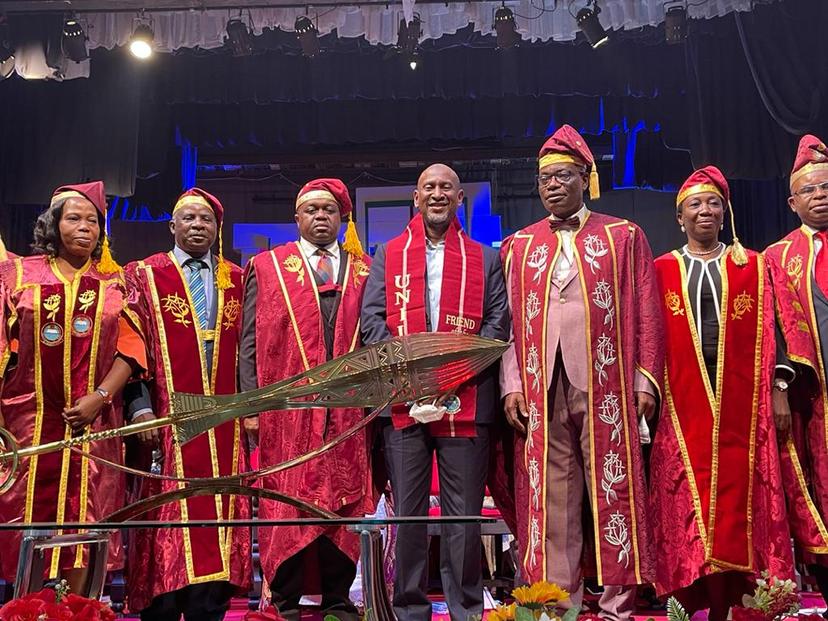 Dr.Akintoye Akindele and the vice chancellor of the university of lagos, Nigeria during the 2021 convocatio ceremony